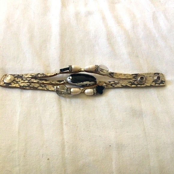 Reptile leather bracelet by Suzy T Design. Stones & beads adorn the leather. - Picture 1 of 7